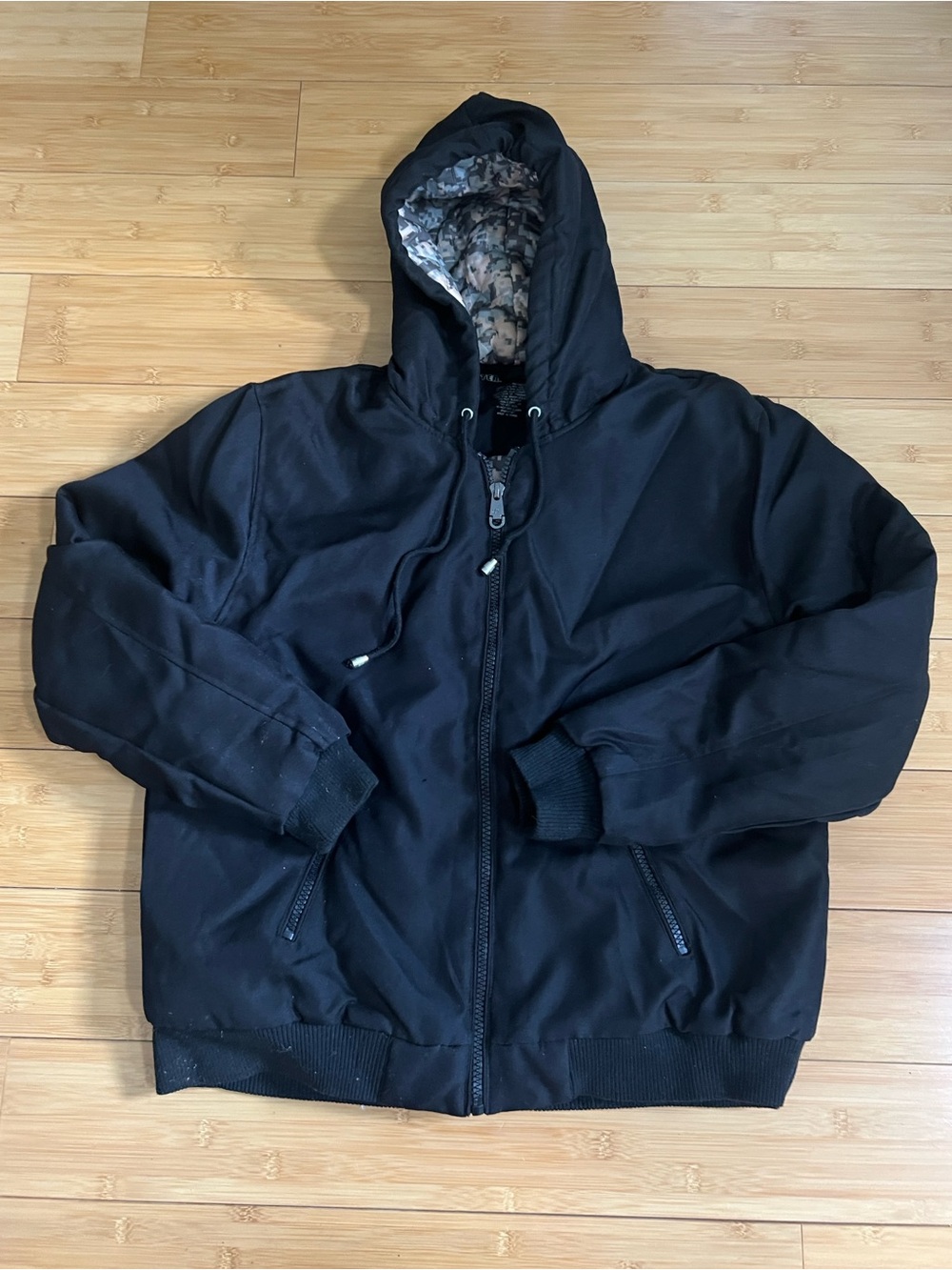 Men's Black Hooded Bomber Jacket with Camouflage Lining